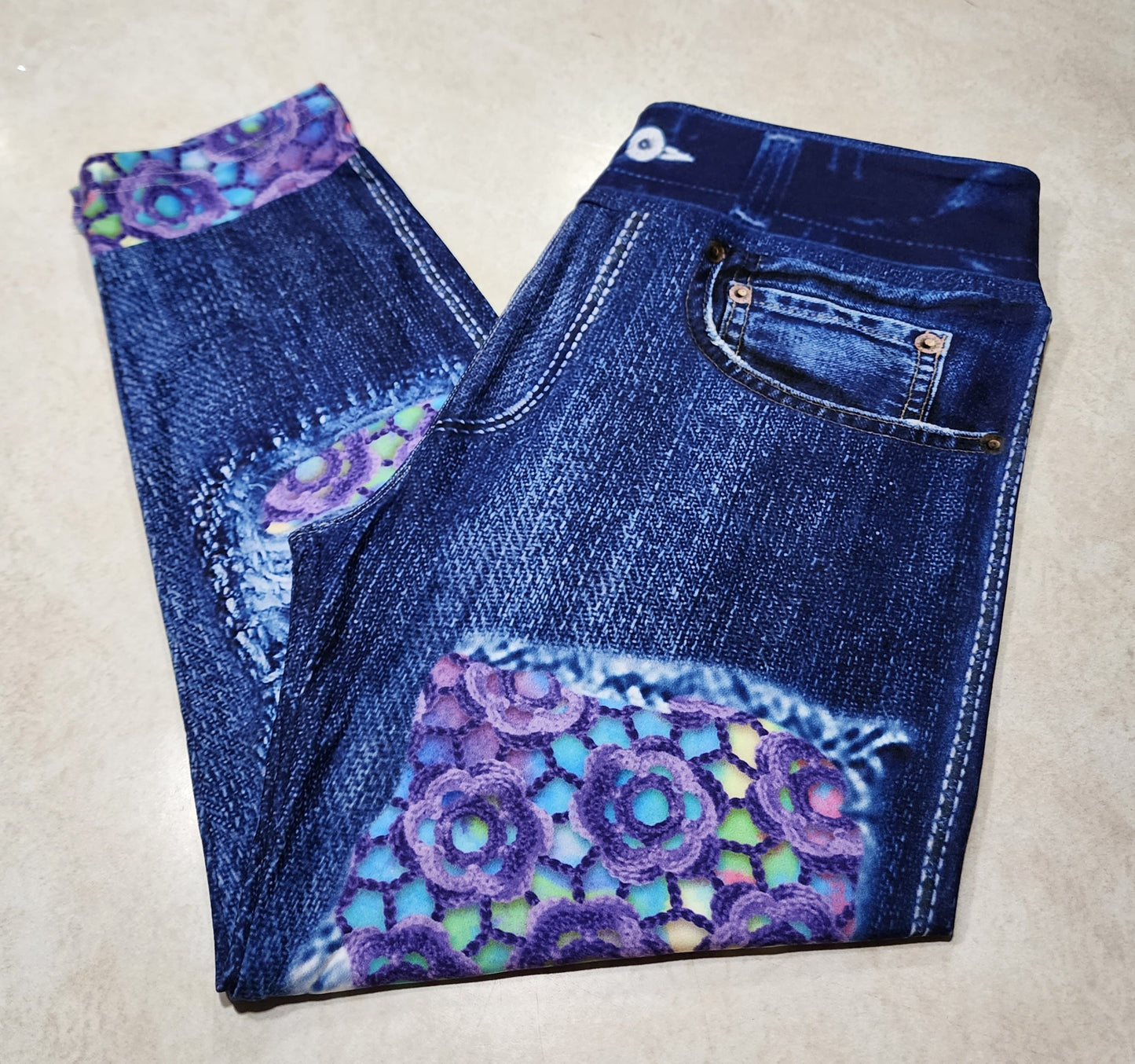 Candy Crochet Flowers Faux Denim Capris