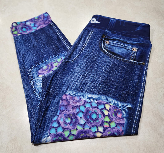 Candy Crochet Flowers Faux Denim Capris