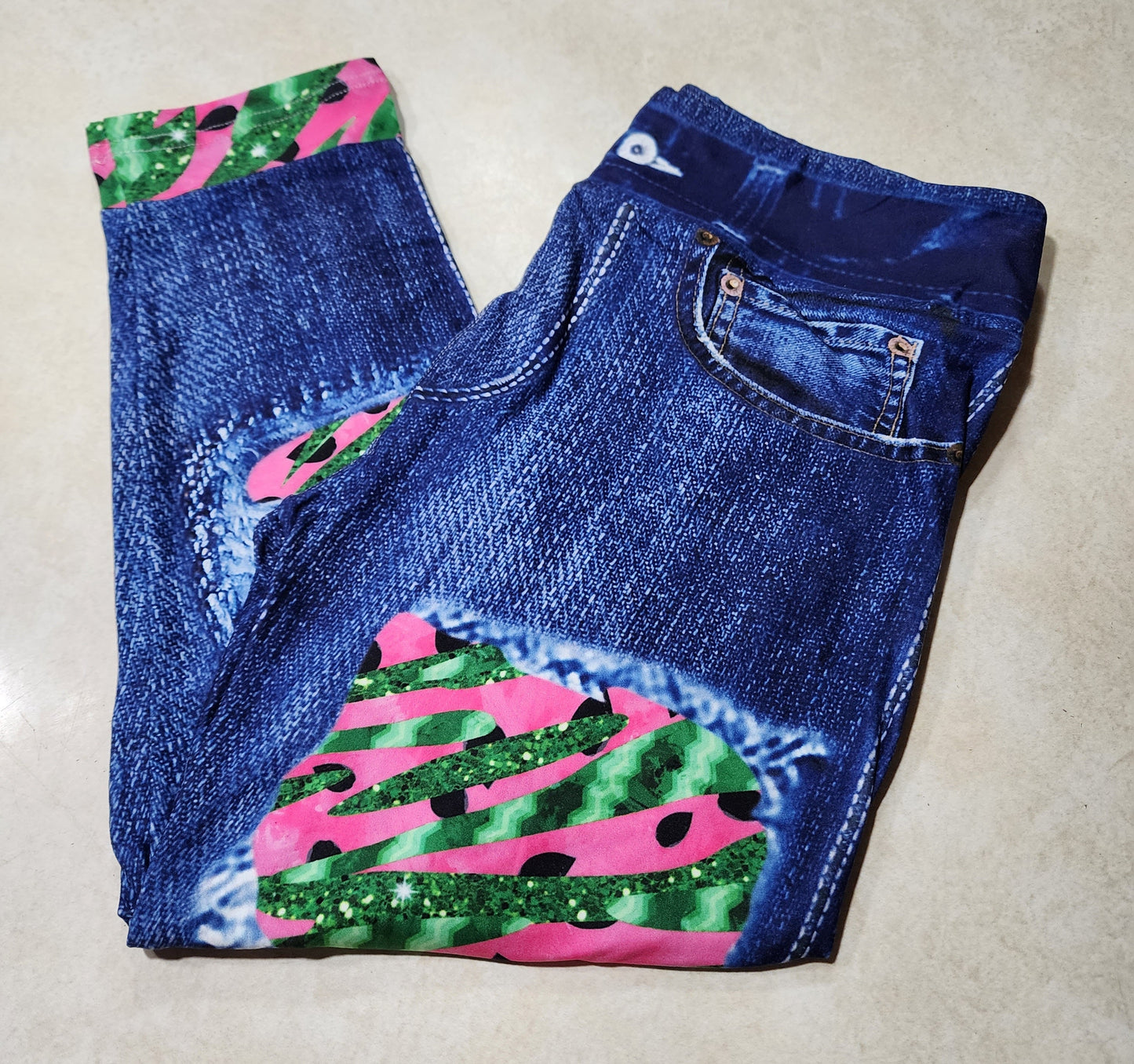 Watermelon Glitter Strokes Faux Denim Capris