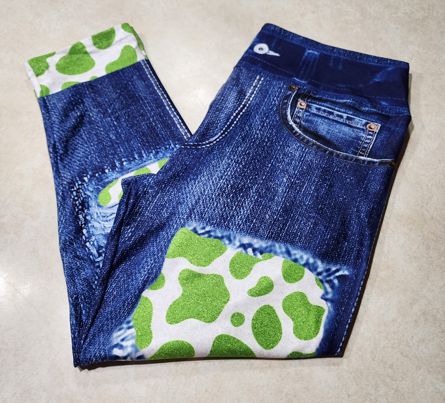 Lime Glitter Cow Faux Denim Capris