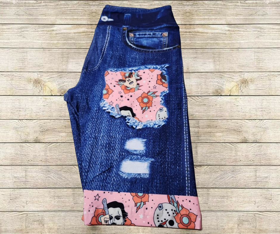 Horror Masks Floral Faux Denim Jamaica Shorts
