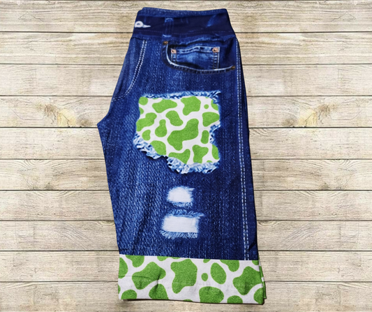 Lime Glitter Cow Faux Denim Jamaica Shorts