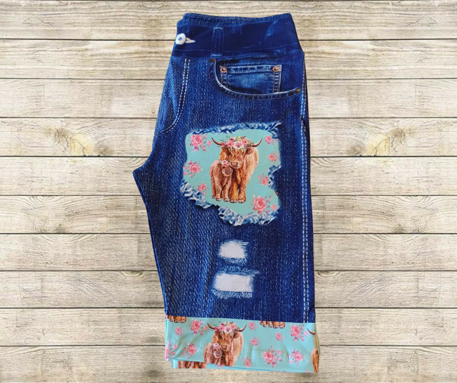 Rosy Highland Cows Faux Denim Jamaica Shorts