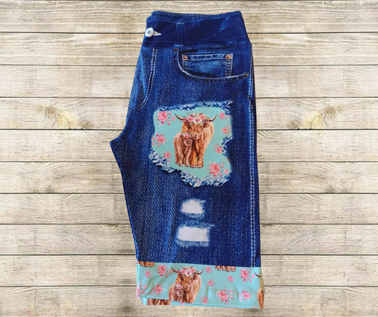 Rosy Highland Cows Faux Denim Jamaica Shorts