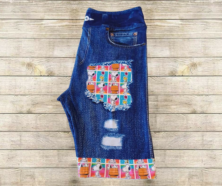 Rainbow Pup Squares Faux Denim Jamaica Shorts