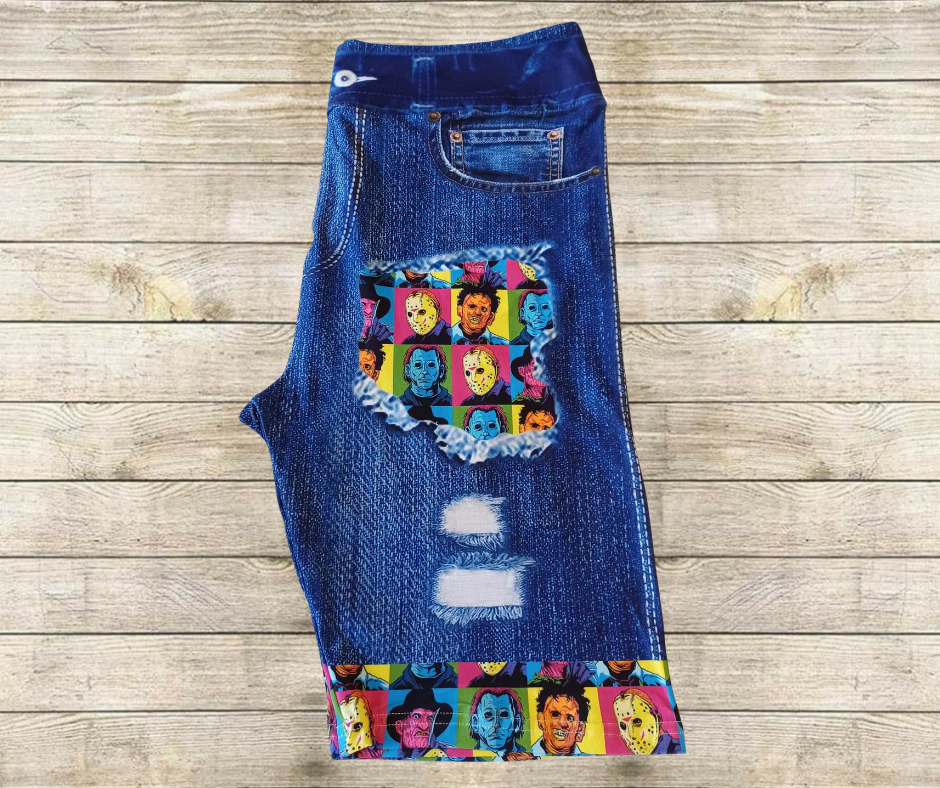 Neon Horror Squares Faux Denim Jamaica Shorts