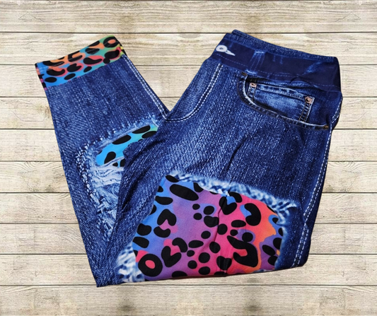 Rainbow Leopard Faux Denim Capris