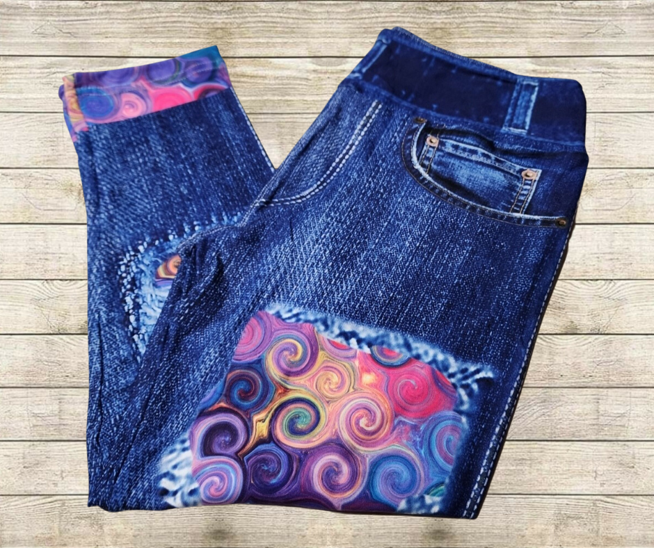 Abstract Spirals Faux Denim Capris