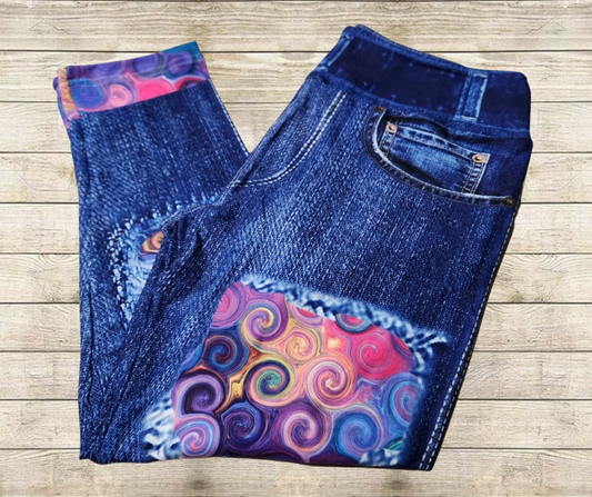 Abstract Spirals Faux Denim Capris