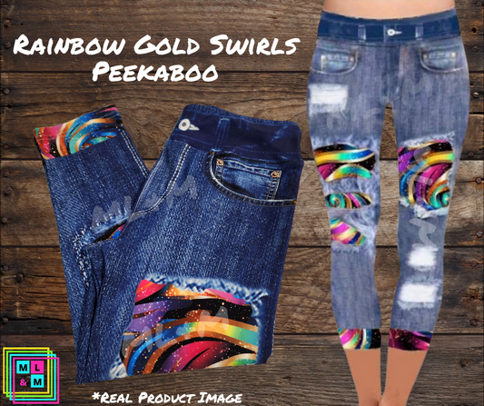 Rainbow Gold Swirls Faux Denim Capris