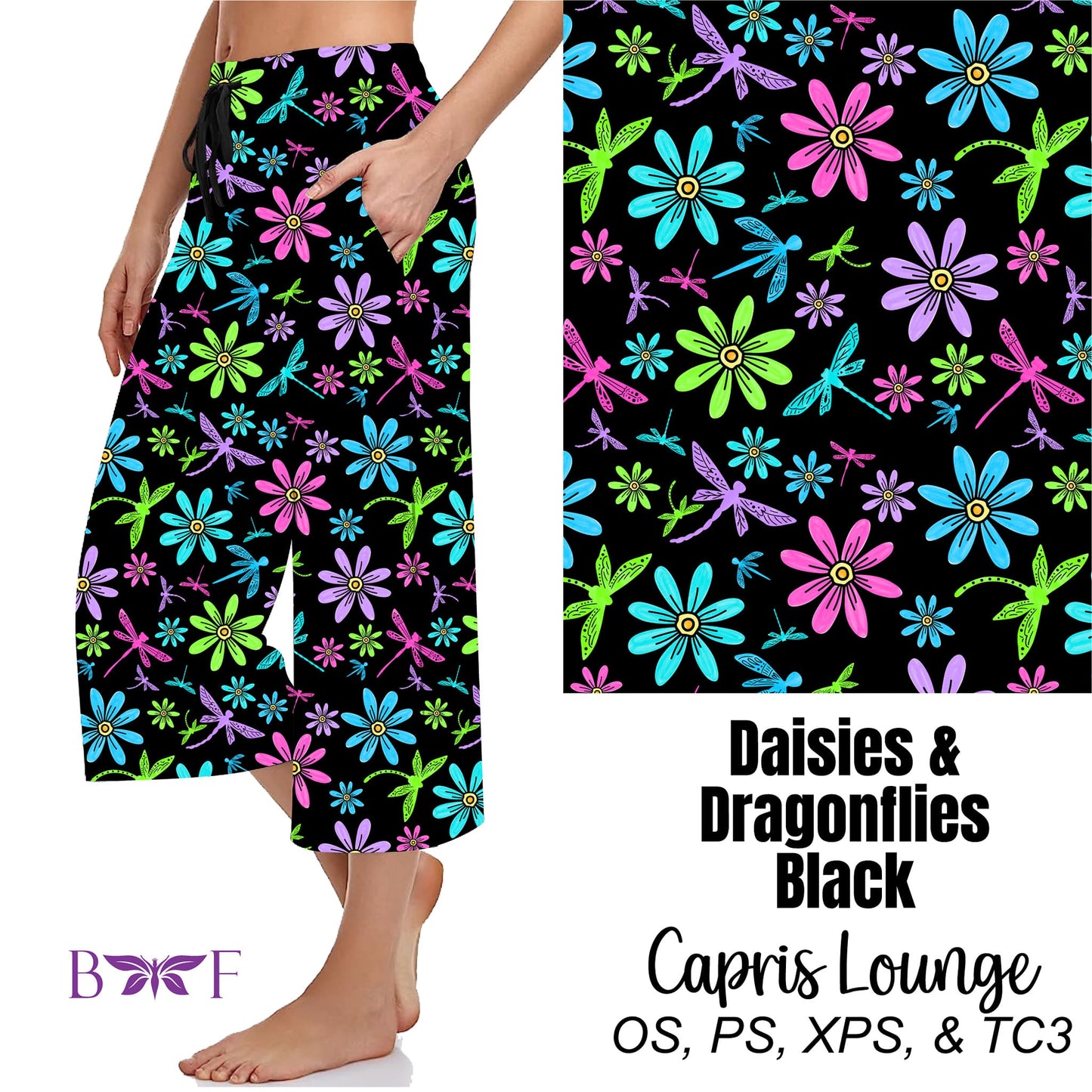 Daisies & Dragonflies Black Leggings with pockets