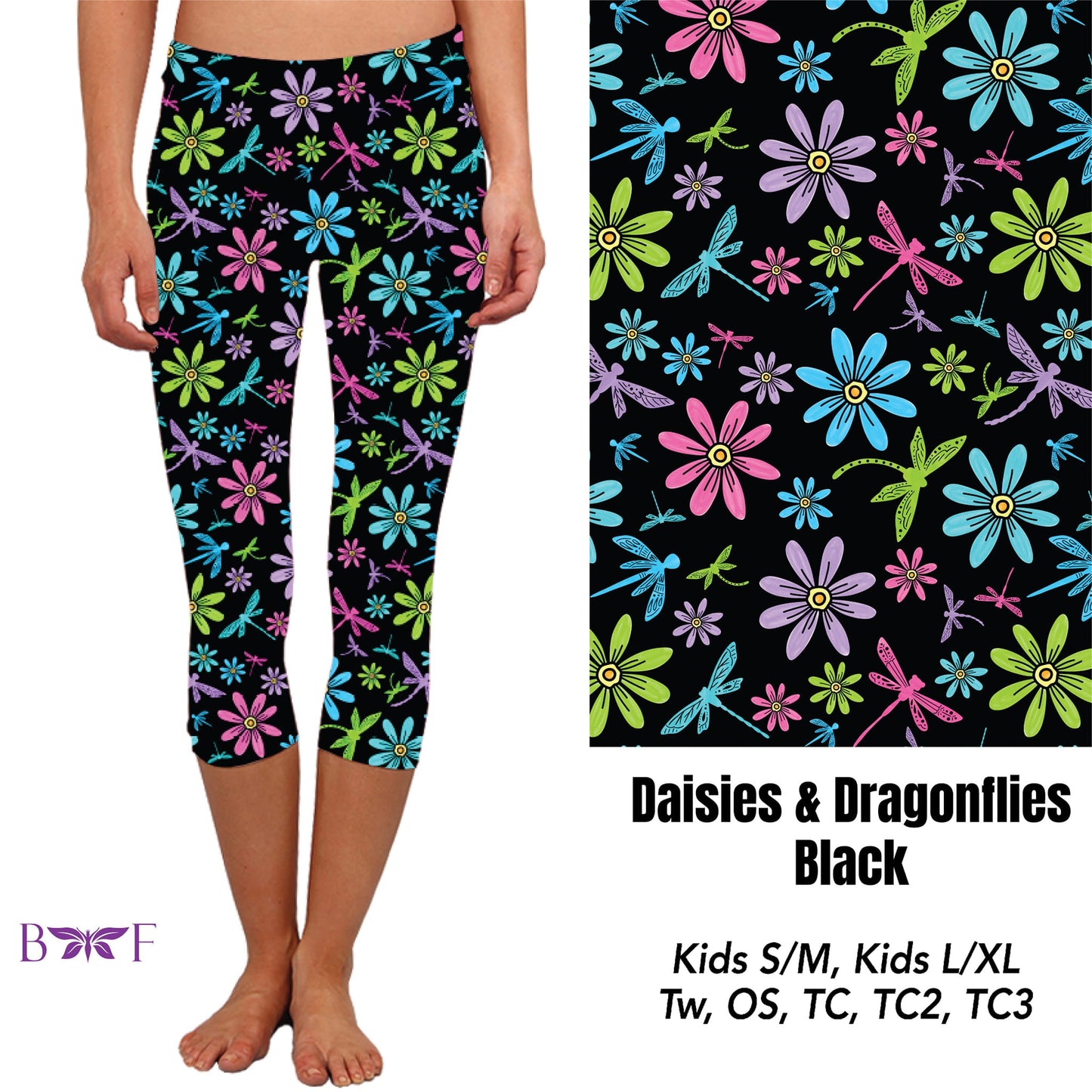 Daisies & Dragonflies Black Leggings with pockets