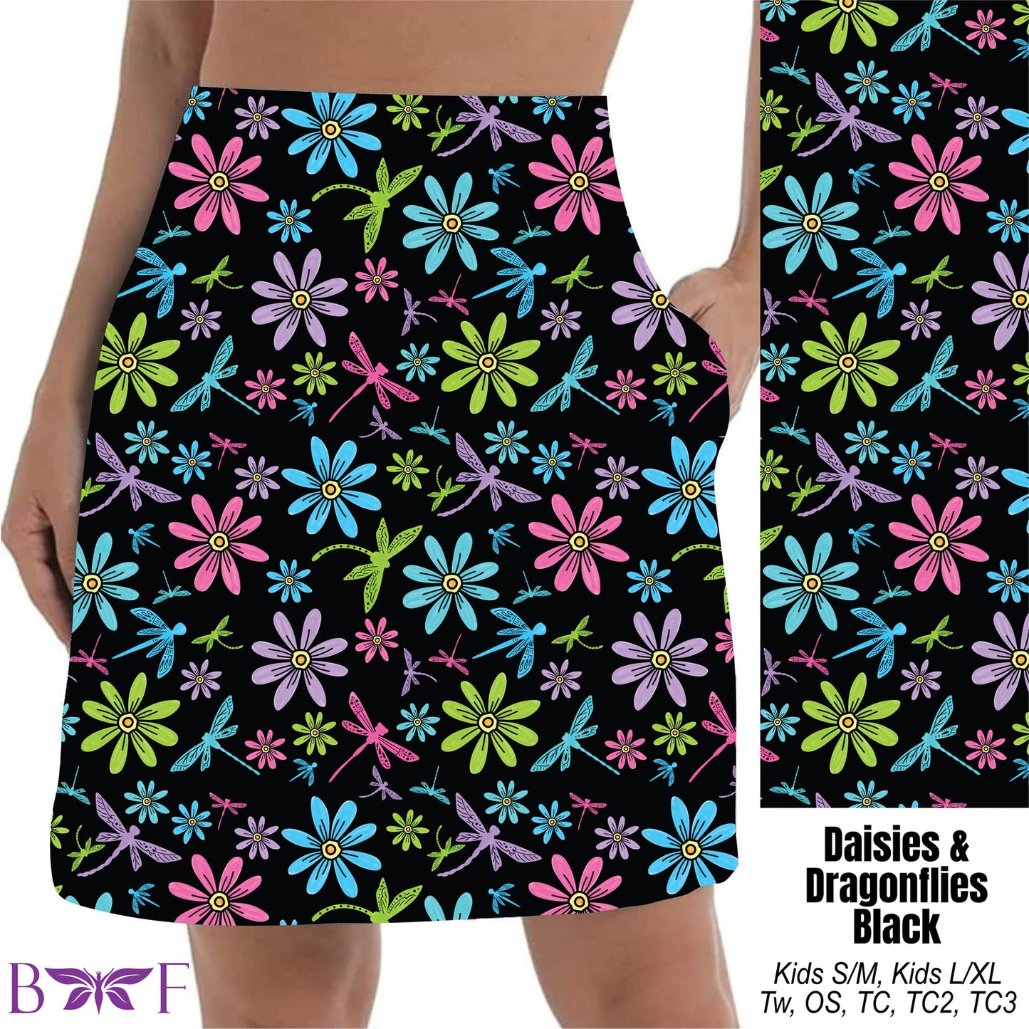 Daisies & Dragonflies Black Skort