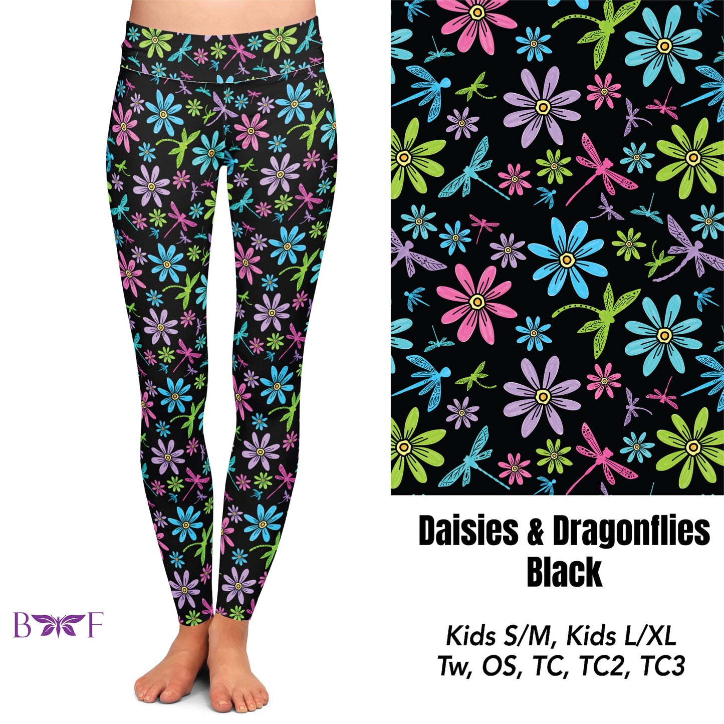 Daisies & Dragonflies Black Leggings with pockets