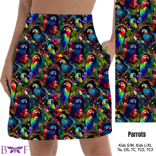 Tropical Parrot skorts and bike shorts with pockets