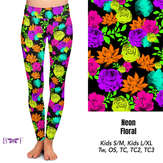 Neon Floral Leggings and Capris with pockets