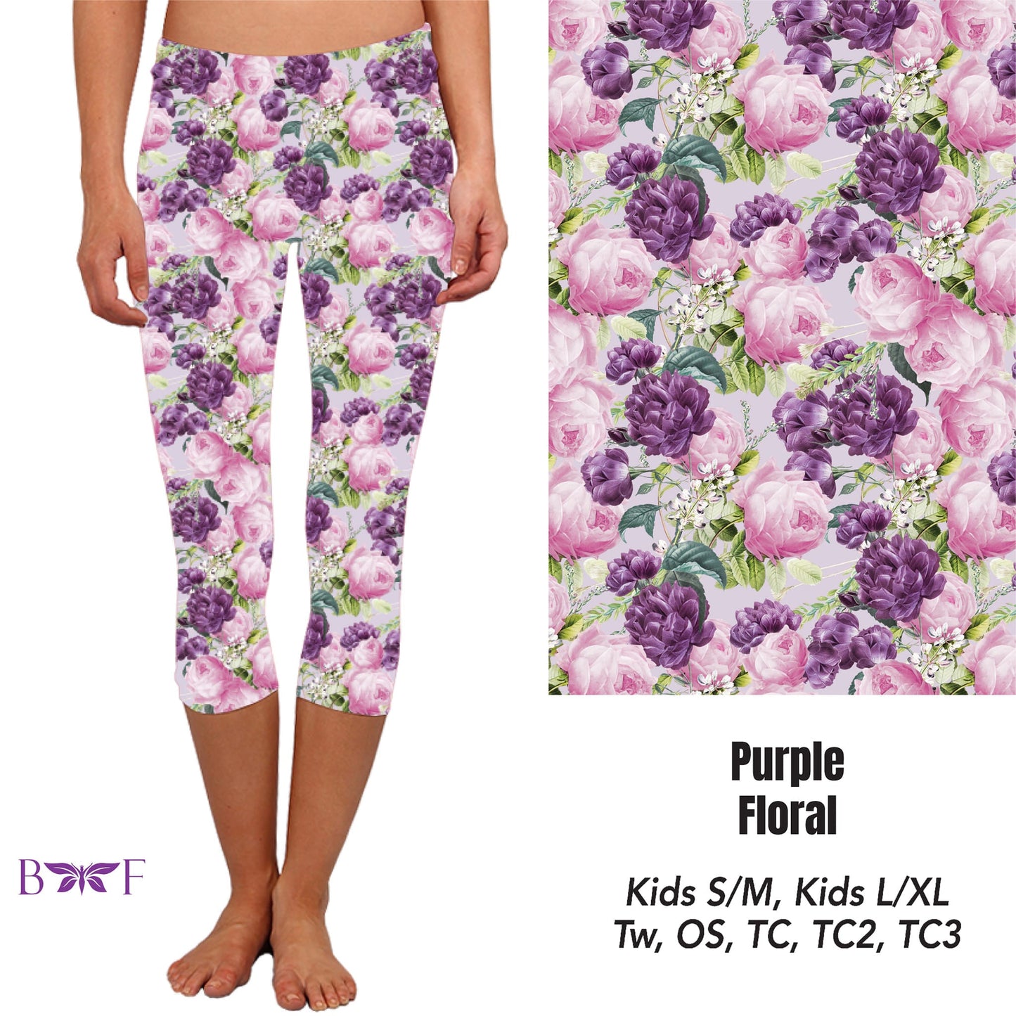 Purple Floral Leggings, Capris, and Biker Shorts