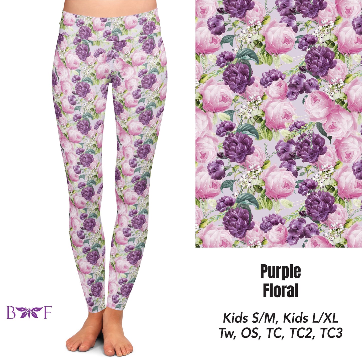 Purple Floral Leggings, Capris, and Biker Shorts