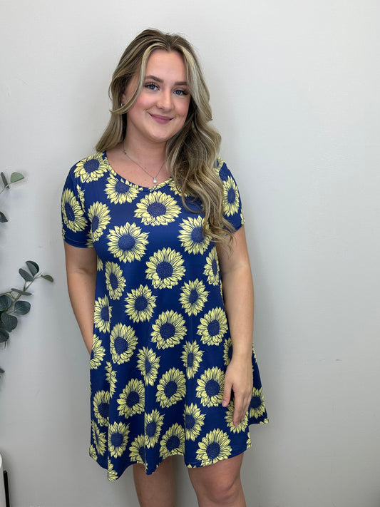 Navy Sunflower Dress w/ Pockets