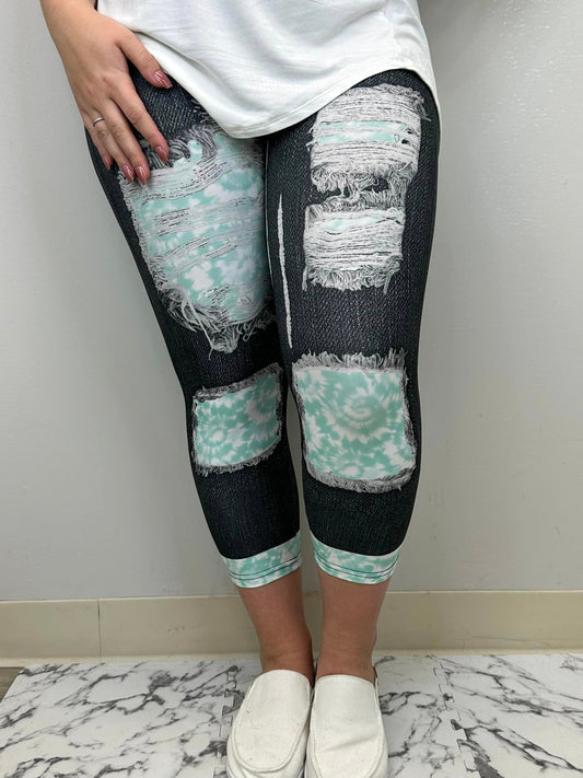 Teal Tie Dye Denim Capri w/ Butt Pockets