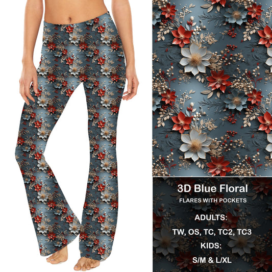 3D Blue Floral - Yoga Flares with Pockets Preorder Closes 9/20 eta late Oct