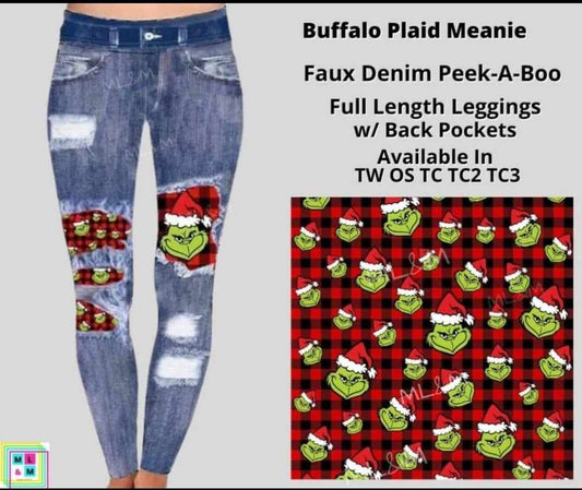 Buffalo Plaid Meanie Faux Denim Full Length Peekaboo Leggings