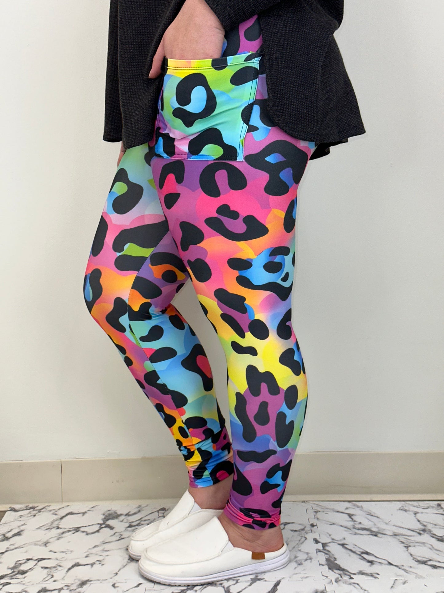 Rainbow Cheetah Leggings w/ Pockets (Kids No Pockets)