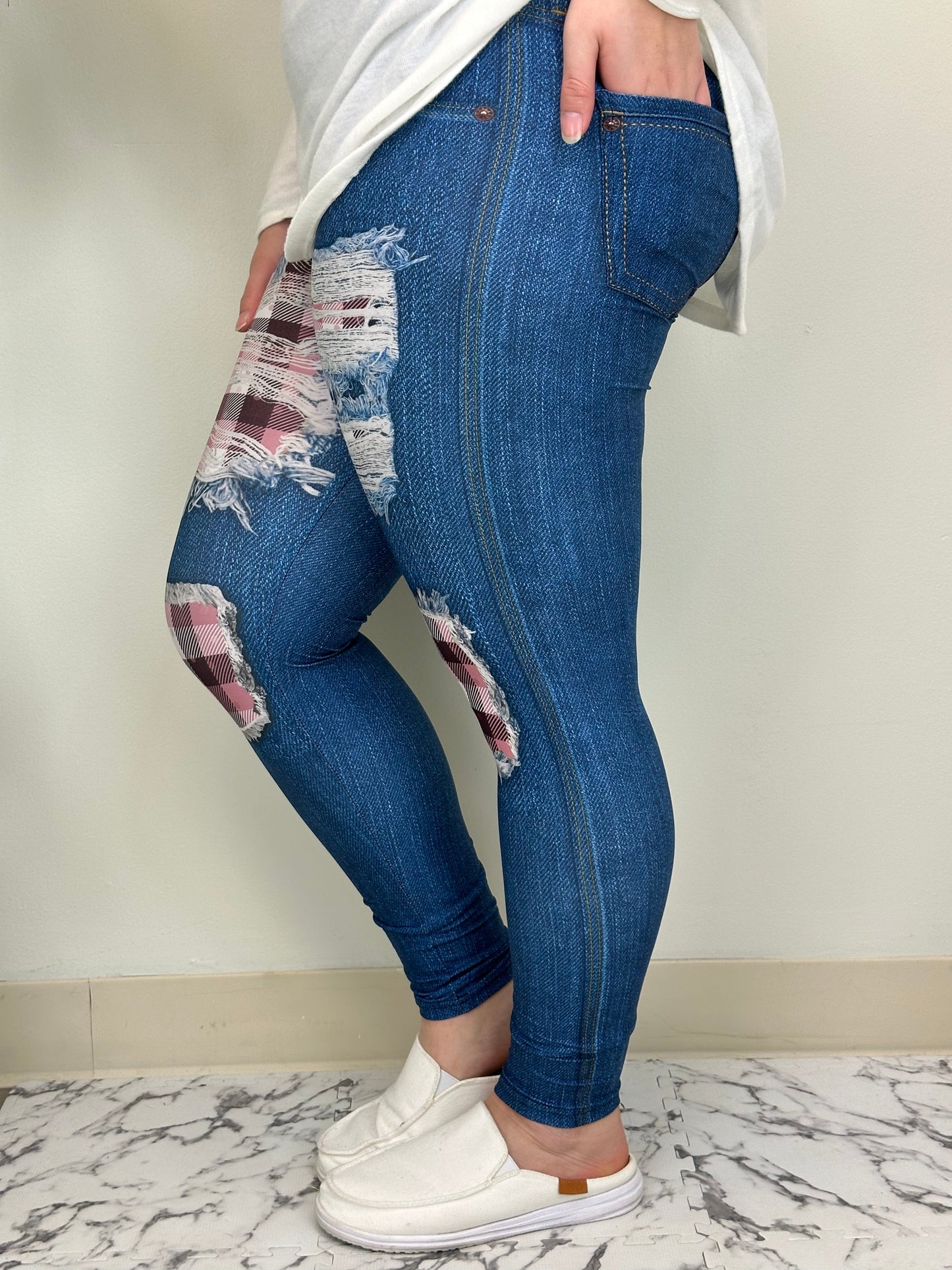 White Plaid Denim Leggings w/ Butt Pockets