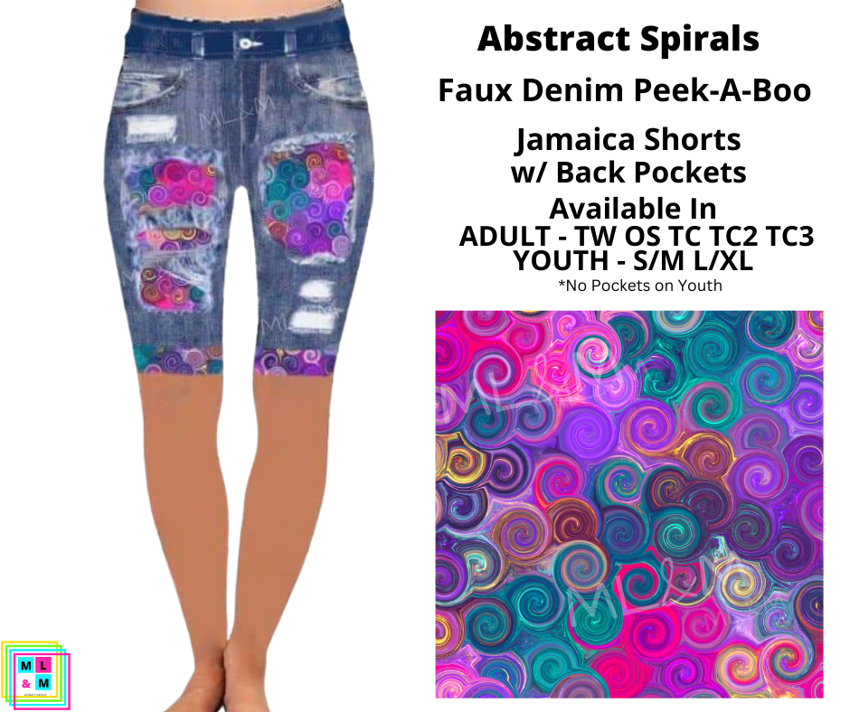 Abstract Spirals Faux Denim Jamaica Shorts