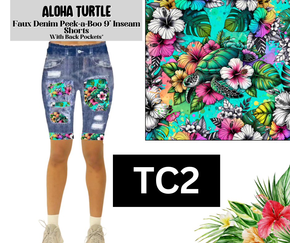 Aloha Turtle Faux Denim Peekaboo Jamaica Shorts