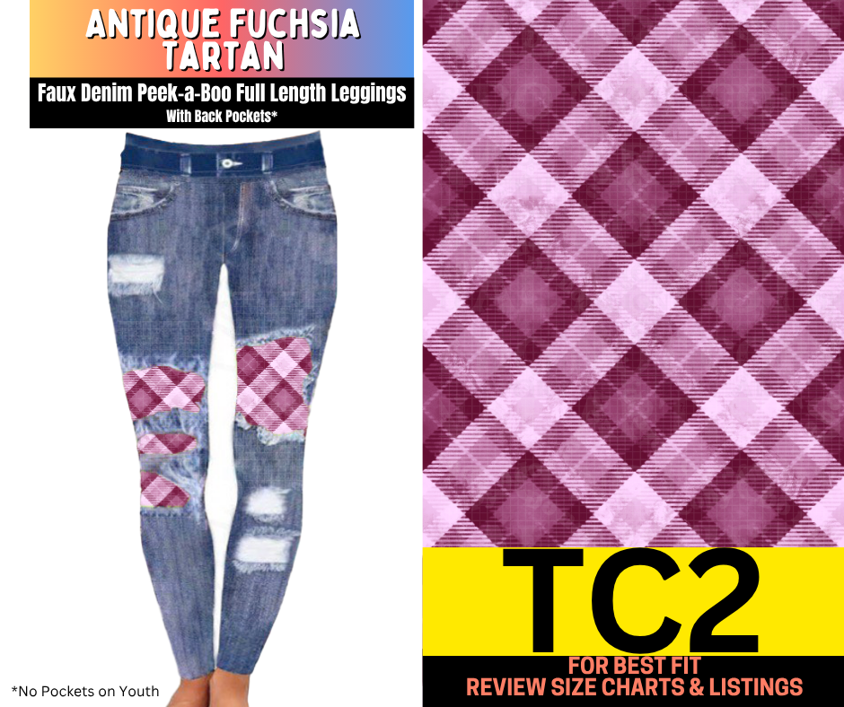 Antique Fuchsia Tartan Faux Denim Full Length Peekaboo Leggings