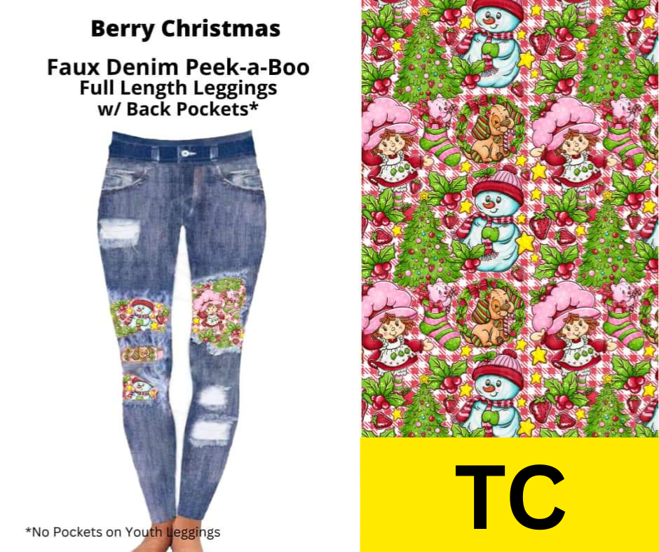 Berry Christmas Faux Denim Full Length Peekaboo Leggings