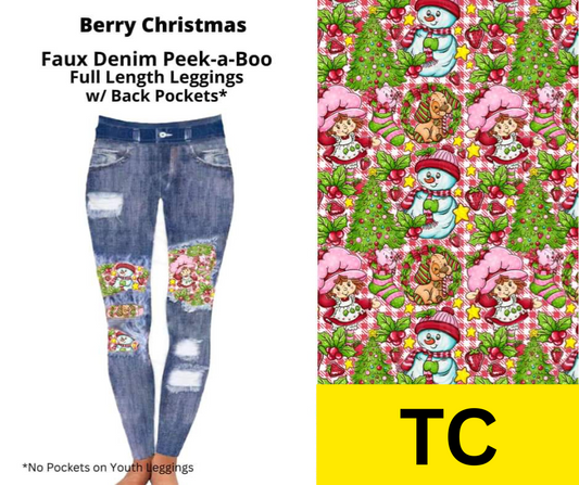 Berry Christmas Faux Denim Full Length Peekaboo Leggings