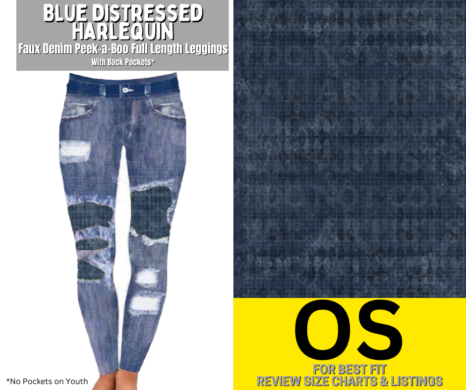 Blue Distressed Harlequin Faux Denim Full Length Peekaboo Leggings