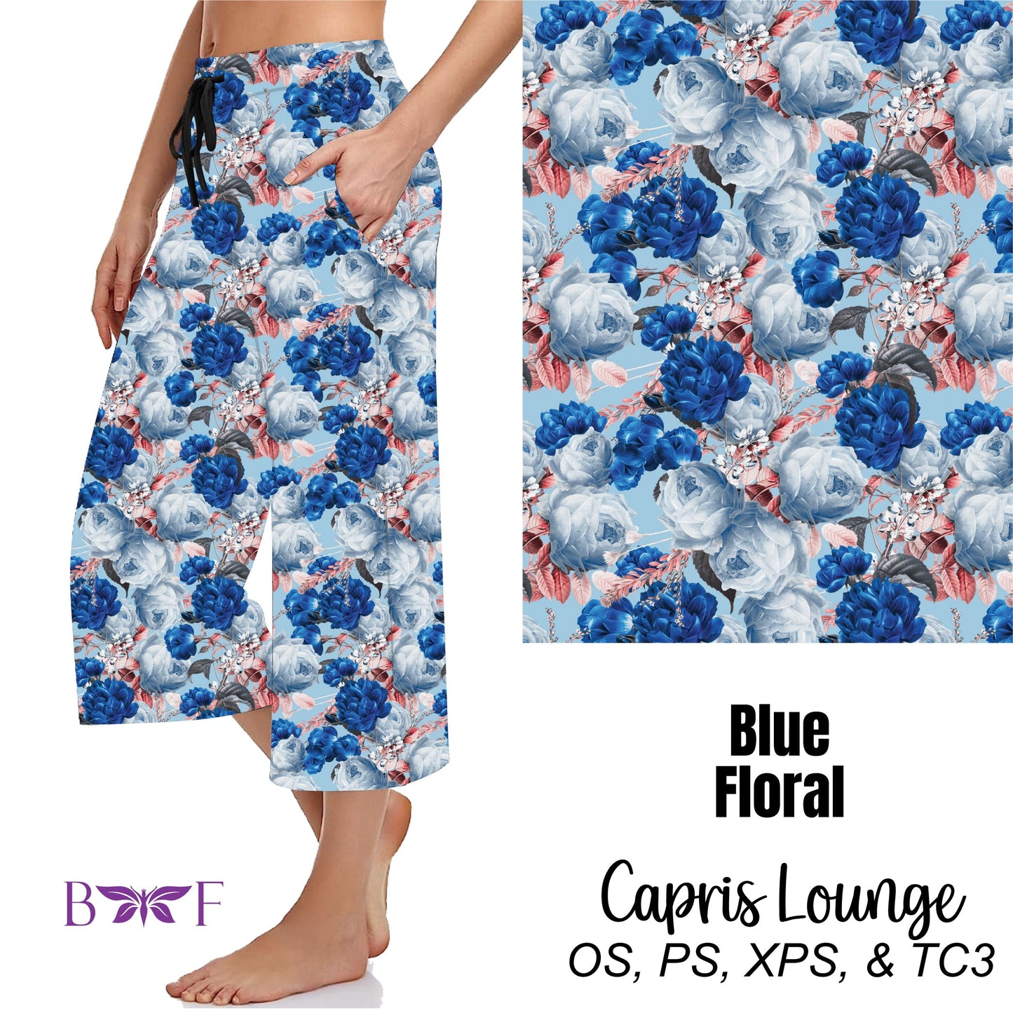 Blue Floral Leggings, Capris and 7" Jogger Shorts