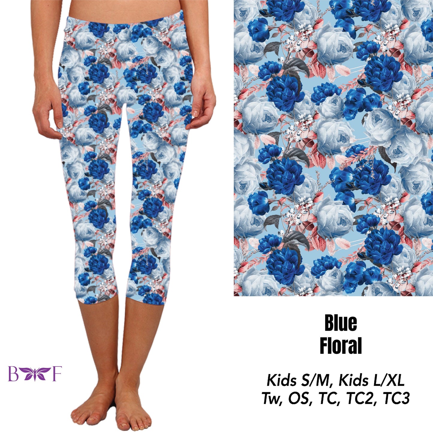 Blue Floral Leggings, Capris and 7" Jogger Shorts