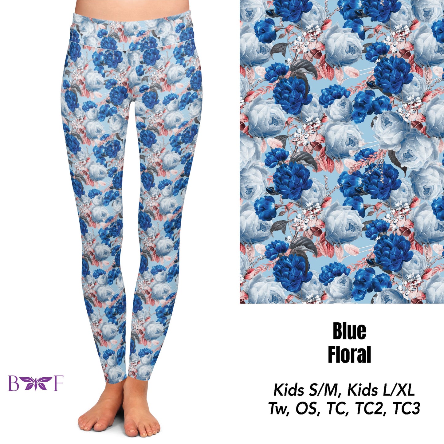 Blue Floral Leggings, Capris and 7" Jogger Shorts