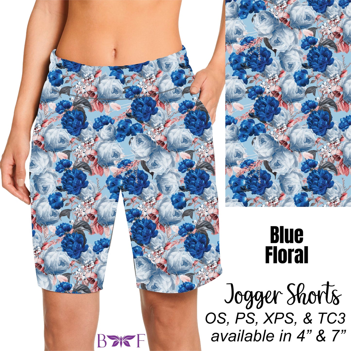 Blue Floral Leggings, Capris and 7" Jogger Shorts