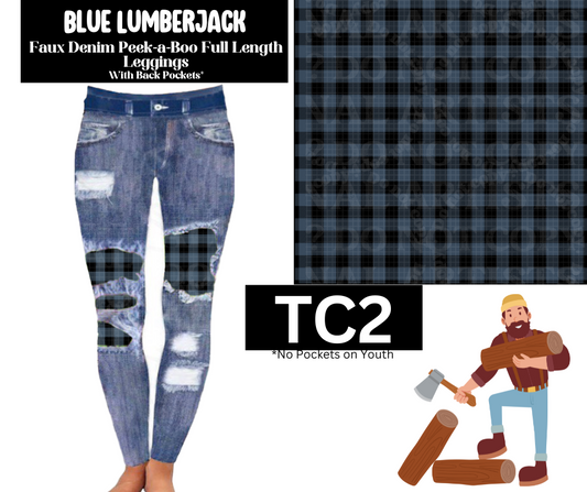 Blue Lumberjack Faux Denim Full Length Peekaboo Leggings