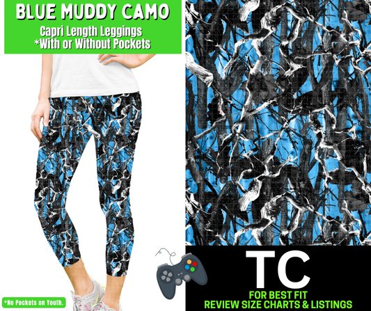 Blue Muddy Camo Capri Length Leggings w/ Pockets