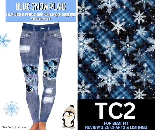 Blue Snow Plaid Faux Denim Full Length Peekaboo Leggings