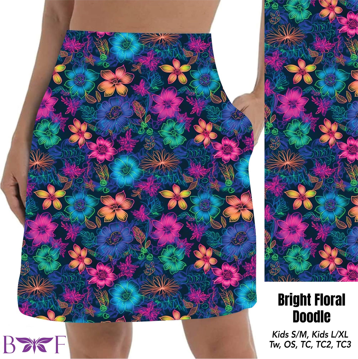 Bright Floral Doodle bike shorts and skorts with pockets