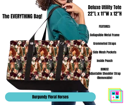Burgundy Floral Horses Collapsible Tote