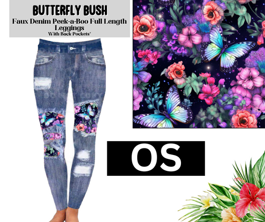 Butterfly Bush Faux Denim Full Length Peekaboo Leggings