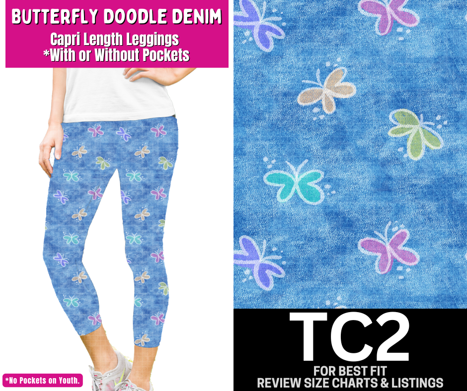 Butterfly Doodle Denim Capri Length Leggings w/ Pockets