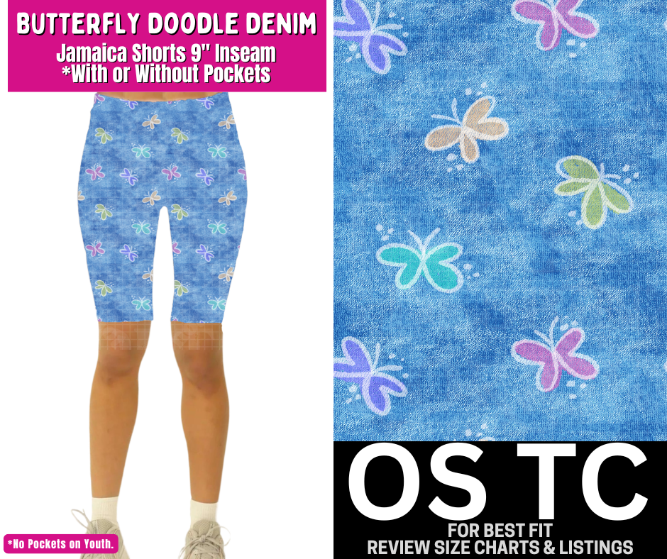 Butterfly Doodle Denim Jamaica Shorts w/ Pockets