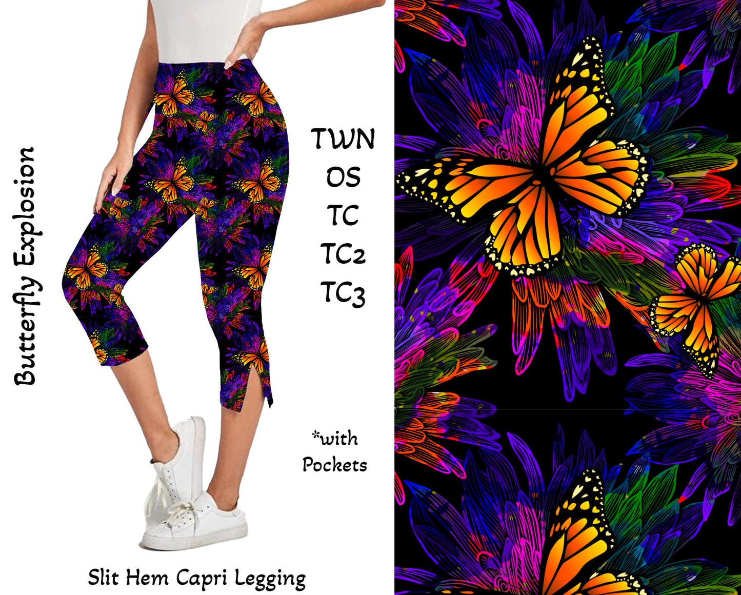 Butterfly Explosion Side Slit Hem Capri Leggings with Pockets