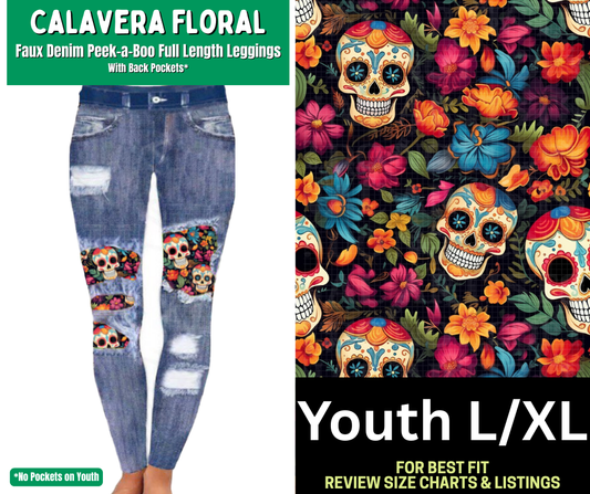 Calavera Floral Faux Denim Full Length Peekaboo Leggings