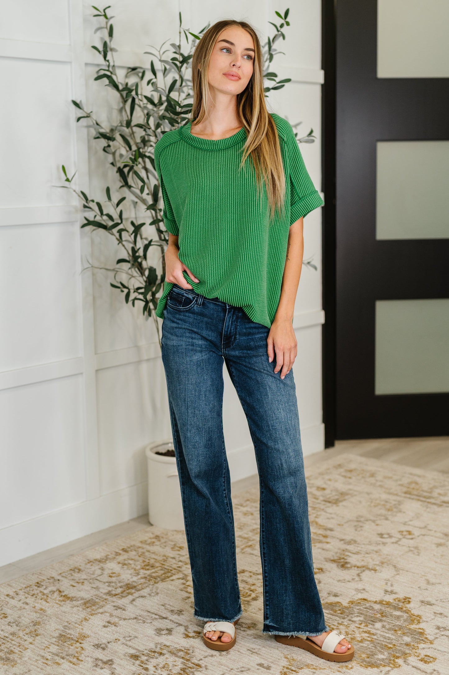 Catch Me Loungin’ Cable Ribbed Knit Top in Dark Green