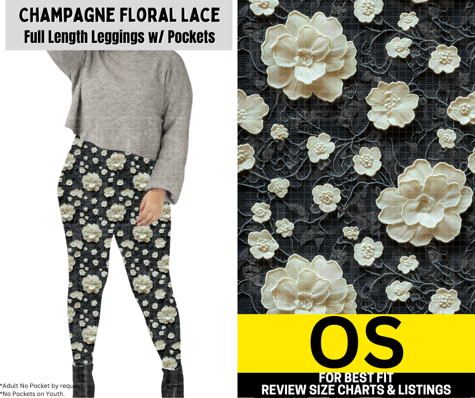 Champagne Floral Lace Full Length Leggings w/ Pockets